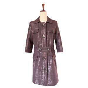 Vertigo Paris Croc Glam Chocolate Brown Trench Coat Belted Shimmer Finish Md EUC